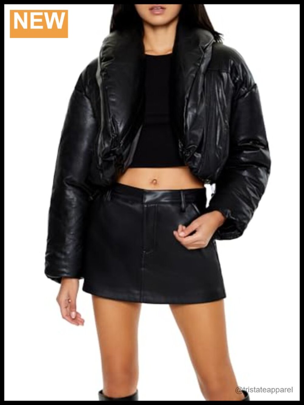 Faux Leather Cropped Puffer Jacket Shawl Lapels